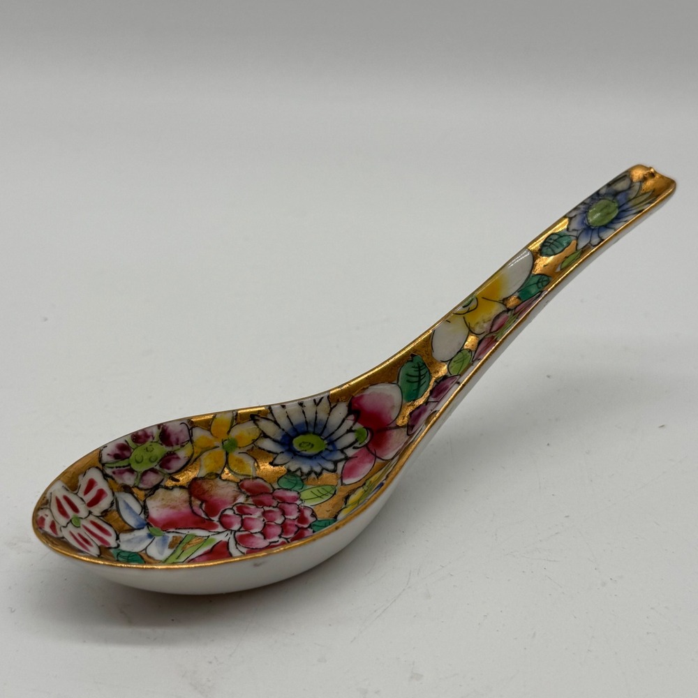 Vintage Hand Painted Hong Kong Millefleurs Gold Gilt Porcelain Soup Spoon 6"